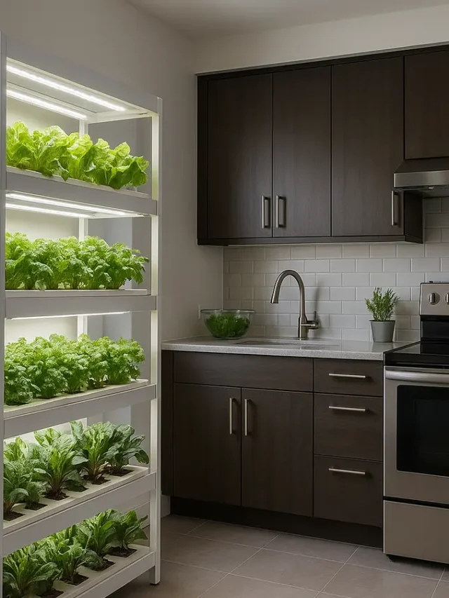 Cozinha moderna com sistema de cultivo hidropônico em instalações bem iluminadas. Hidroponia