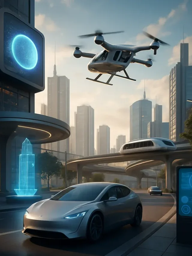 Ilustração de um cenário urbano com tecn ologias futuristas. Tendências Tecnológicas