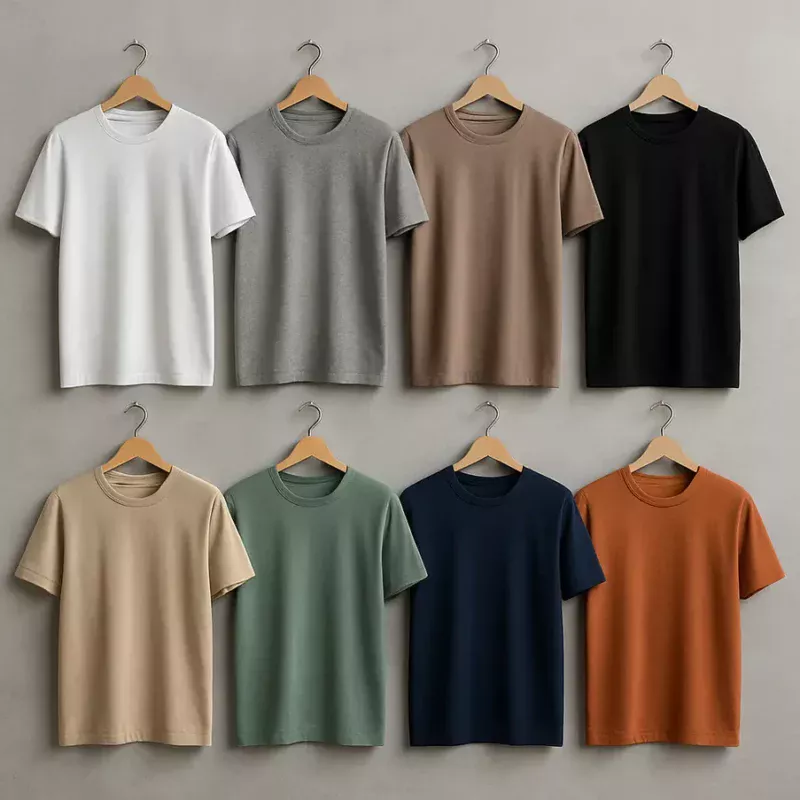 Diversas camisetas masculinas de estilos diferentes em uma loja.