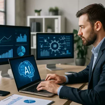 Cena de empreendedorismo digital com uso de IA em um escritório moderno.