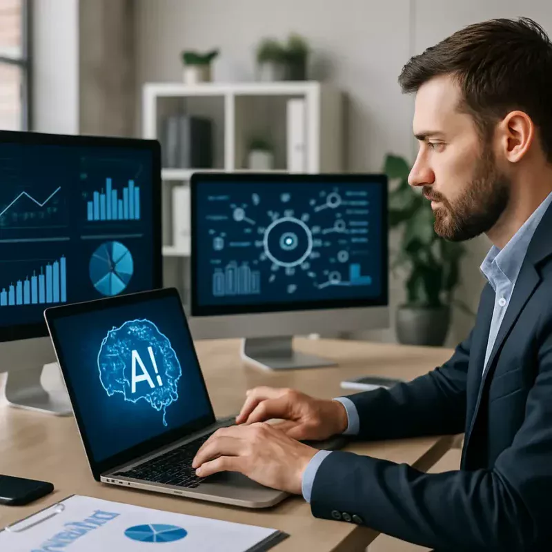 Cena de empreendedorismo digital com uso de IA em um escritório moderno.