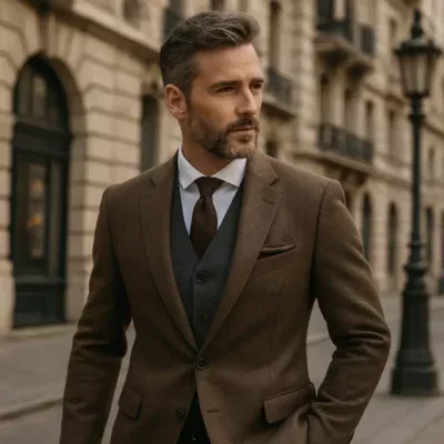 Homem de 40 anos ou mais elegantemente vestido em cenário urbano.