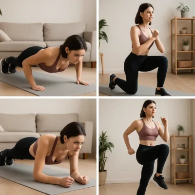 Diferentes exercícios sendo executados em casa. Exercícios