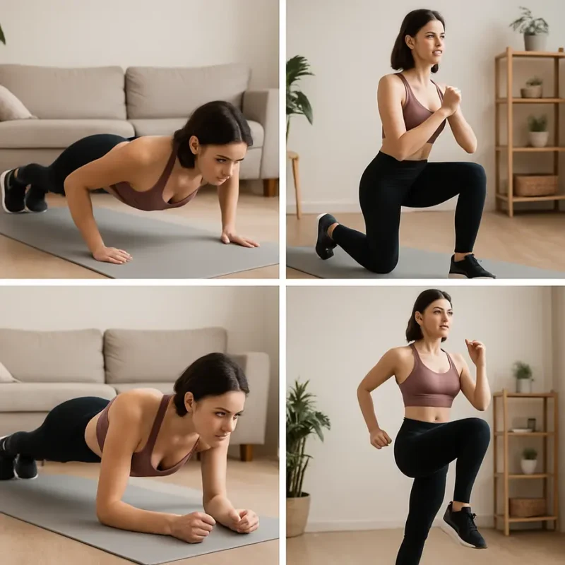 Diferentes exercícios sendo executados em casa. Exercícios