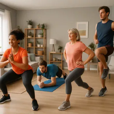 Grupo de pessoas realizando diferentes exercícios físicos em uma sala espaçosa. Exercícios em Casa