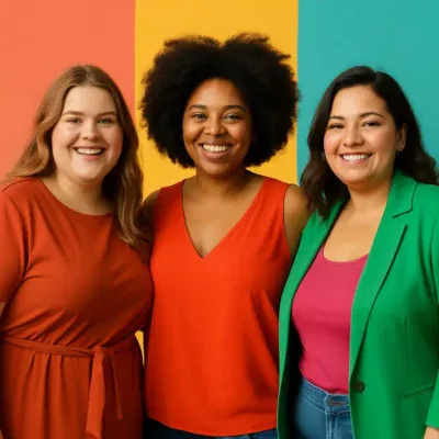 Mulheres plus size sorrindo em roupas modernas e vibrantes.