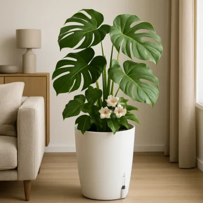 Vaso autoirrigável decorando uma sala de estar moderna com plantas verdes. Vasos Autoirrigáveis