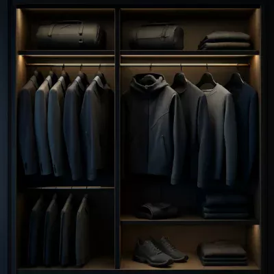Armário masculino com roupas futuristas e elegantes sob iluminação ambiente. Guarda Roupa Masculino