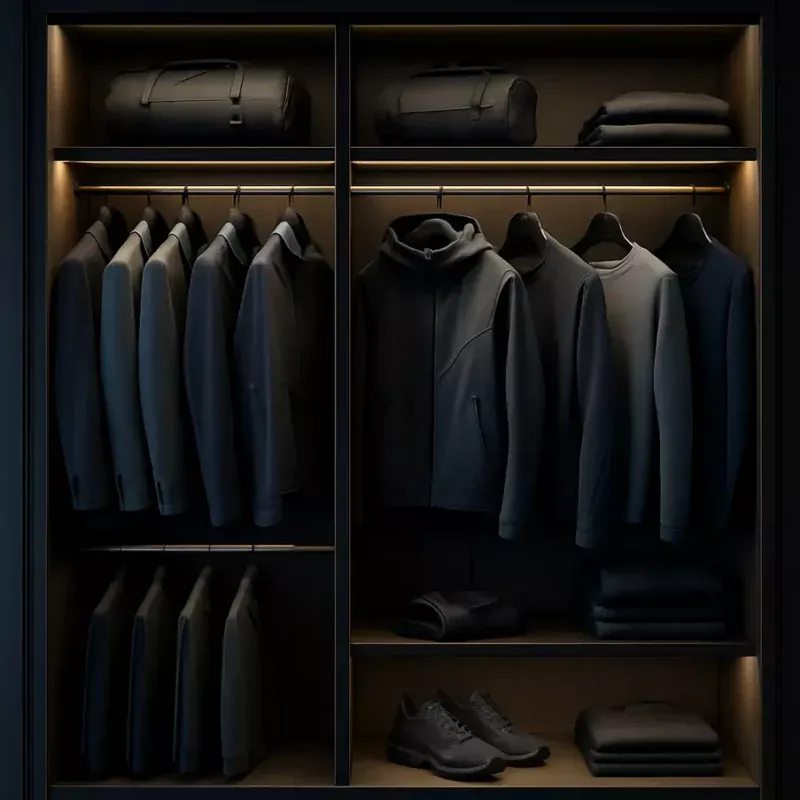 Armário masculino com roupas futuristas e elegantes sob iluminação ambiente. Guarda Roupa Masculino