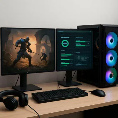 Mesa com configuração de PC gamer, mostrando dois monitores com jogo e software de manutenção. Manutenção Computador
