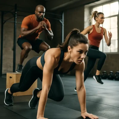 Indivíduos realizando exercícios de alta intensidade em uma academia. HIIT