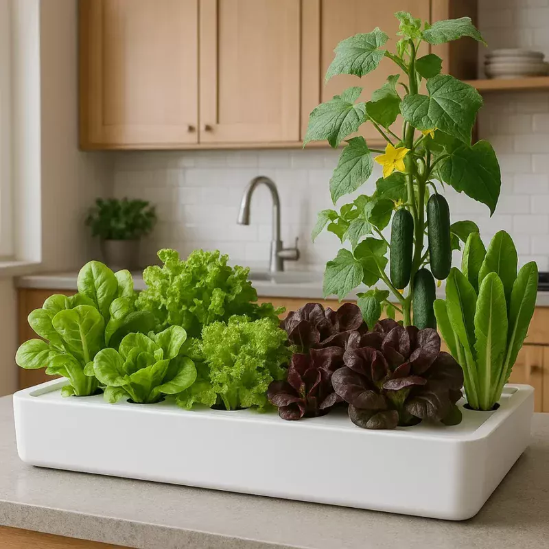 Jardim hidropônico cheio de plantas vibrantes em uma cozinha moderna.