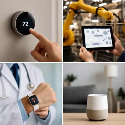 Compilação de imagens de usos diversos da IoT em setores como casas inteligentes e indústria. Internet das Coisas