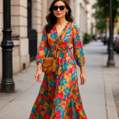 Mulher caminhando em uma rua da cidade com vestido longo e acessórios modernos. Vestidos Longos