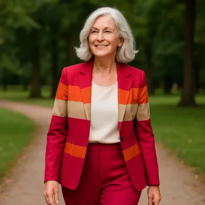 Mulher madura caminhando com um look moderno e confiante em um parque.