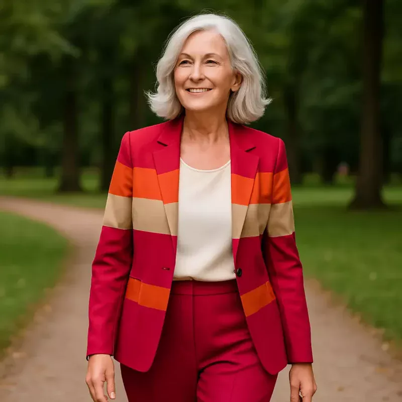 Mulher madura caminhando com um look moderno e confiante em um parque.