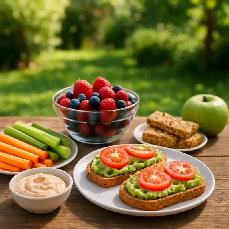 Mesa ao ar livre com variedade de lanches frescos. Lanches Saudáveis