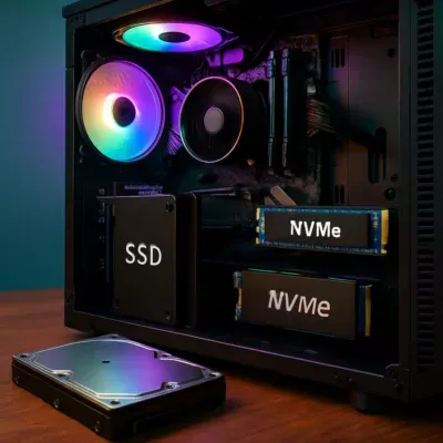 Um desktop de jogos com componentes internos de SSD e NVMe visíveis.
