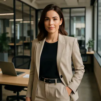 Mulher confiante em escritório, vestindo look profissional e estiloso. Roupas para Mulheres