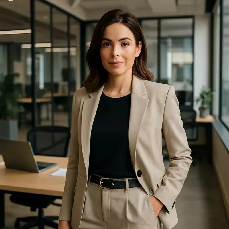 Mulher confiante em escritório, vestindo look profissional e estiloso. Roupas para Mulheres