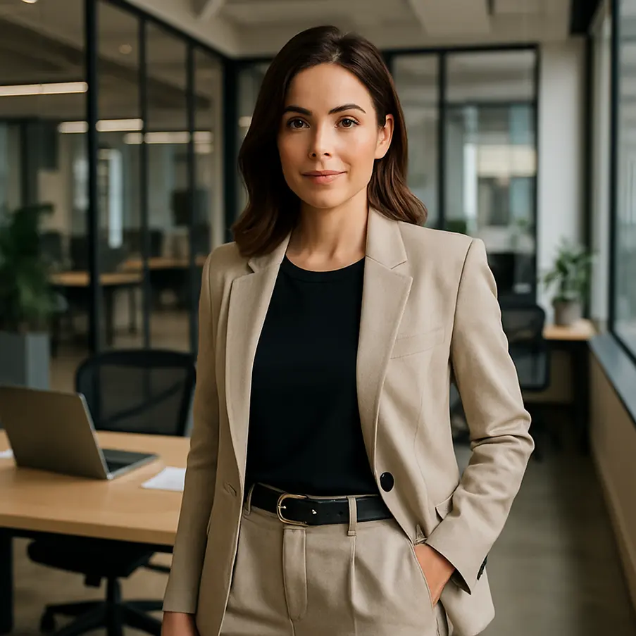 Mulher confiante em escritório, vestindo look profissional e estiloso. Roupas para Mulheres