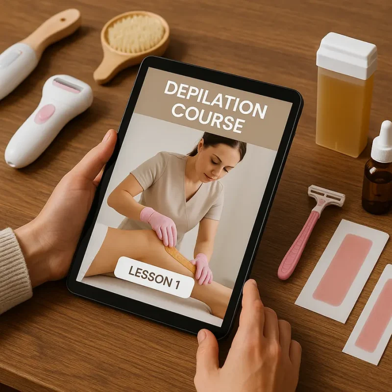 Pessoa olhando uma página de curso de depilação em um tablet com ferramentas ao redor. Curso Depilação Profissional Online: Guia Completo Transforme sua carreira com o Curso Depilação Profissional Online, adquirido habilidades práticas no conforto da sua casa.