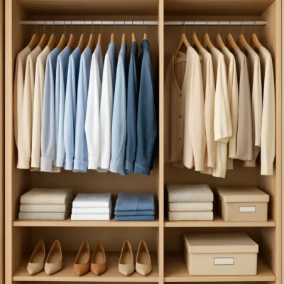 Visão interna de um guarda-roupa bem organizado e categorizado. Organizar Guarda Roupa