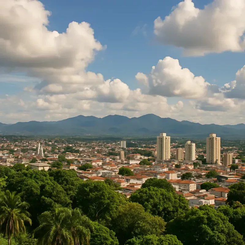 Cidade de Mogi das Cruzes com variações do clima ao fundo. Mogi das Cruzes Tempo