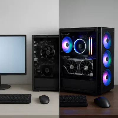 Representação gráfica de um PC dividido entre configuração APU e configuração com placa de vídeo dedicada.