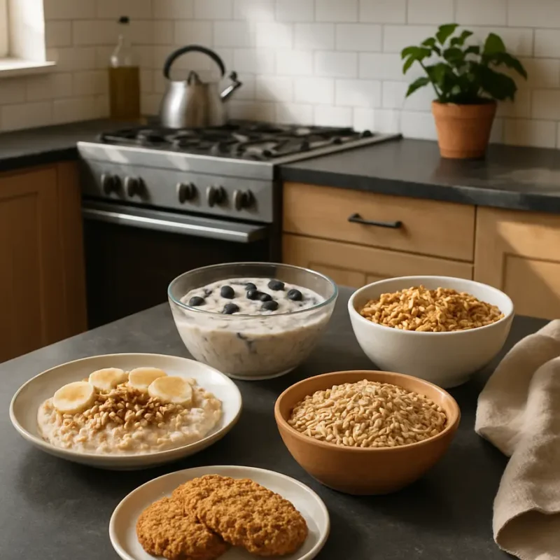 Oat-based dishes arranged in a contemporary kitchen setting. Receitas com Aveia