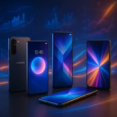 Vários modelos de celulares Samsung 2025 em uma mesa com gráficos digitais ao redor.