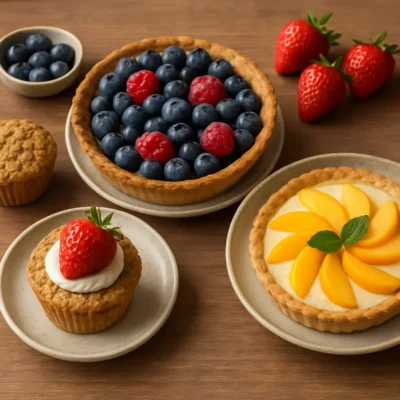 Mesa com tortas de frutas e cupcakes de aveia saudáveis.Doces Saudáveis