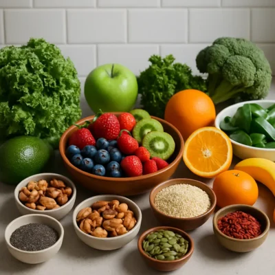 Vários superalimentos vibrantes como verduras, frutas, nozes e sementes em exposição.