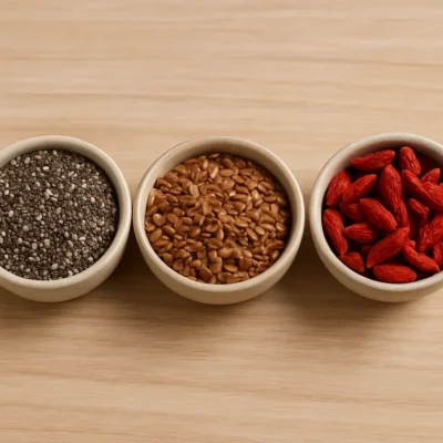 Chia, linhaça e goji berries em tigelas de cerâmica.