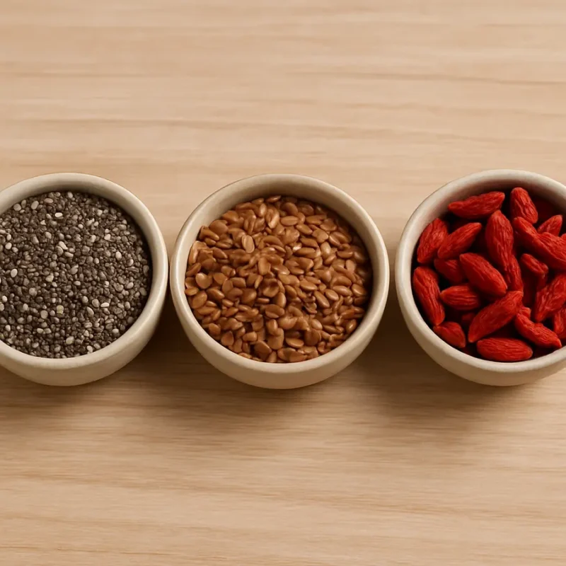 Chia, linhaça e goji berries em tigelas de cerâmica.
