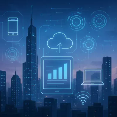 Paisagem urbana futurística com interfaces digitais e dispositivos conectados, refletindo a natureza inovadora das startups de tecnologia. Startups Tecnológicas