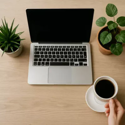 Vista aérea de um espaço de trabalho com laptop, plantas e café simbolizando produtividade. Renda Extra Online