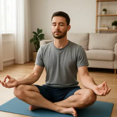 Indivíduo fazendo ioga em um tapete de exercícios em uma sala iluminada. Rotina de Exercícios
