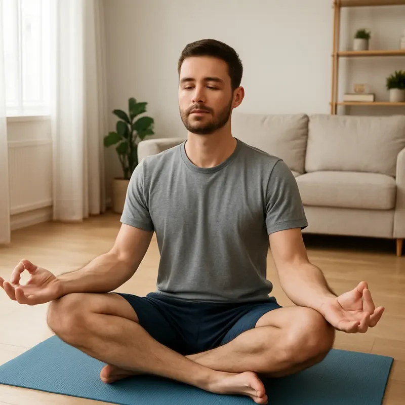 Indivíduo fazendo ioga em um tapete de exercícios em uma sala iluminada. Rotina de Exercícios