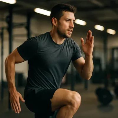Pessoa em exercício aeróbico com fundo de academia. Treino de Condicionamento Físico