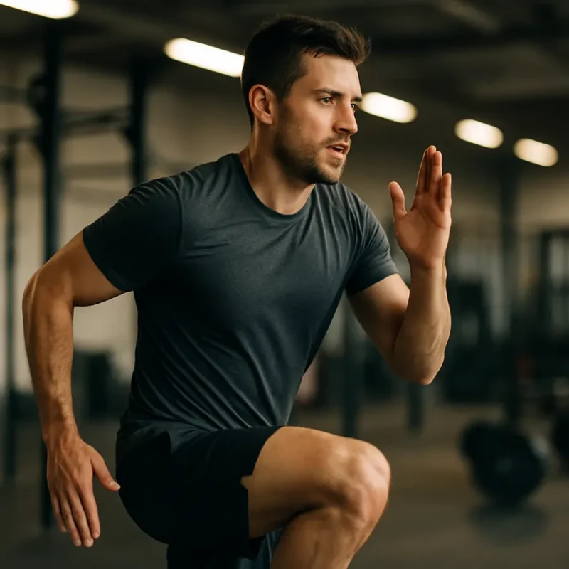 Pessoa em exercício aeróbico com fundo de academia. Treino Condicionamento Físico