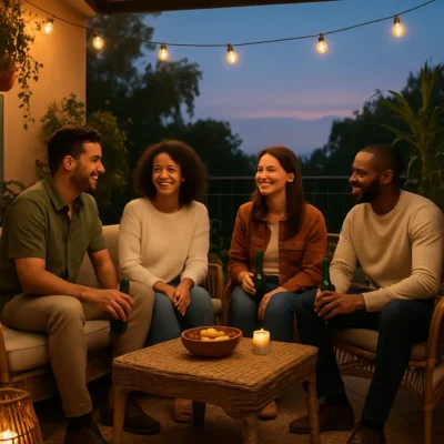 Pessoas reunidas em varanda decorada. Enxoval Completo: O Que Não Pode Faltar na Sua Casa Descubra o que não pode faltar no seu enxoval completo para áreas externas e varandas.