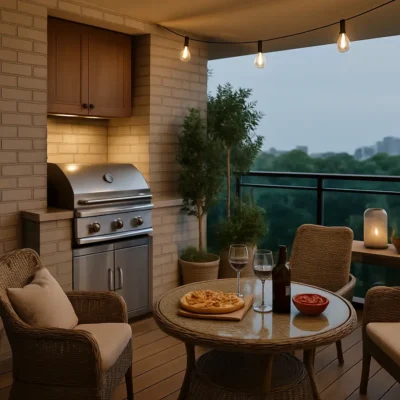 Espaço gourmet ao ar livre com churrasqueira, móveis confortáveis e iluminação ambiente.