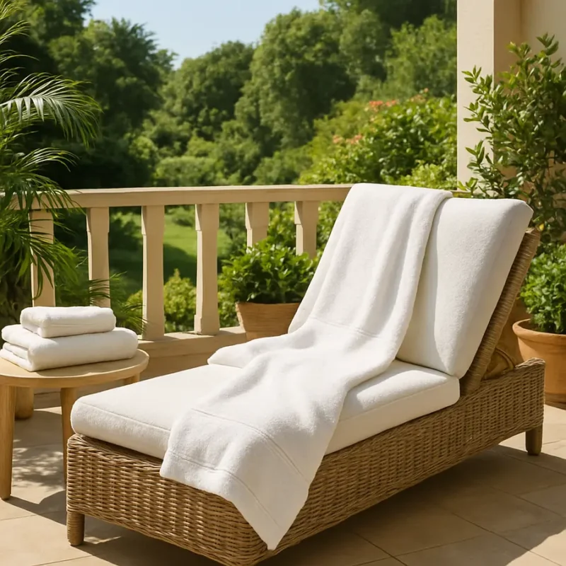 Varanda ensolarada com decoração de toalhas premium e vista para um jardim.