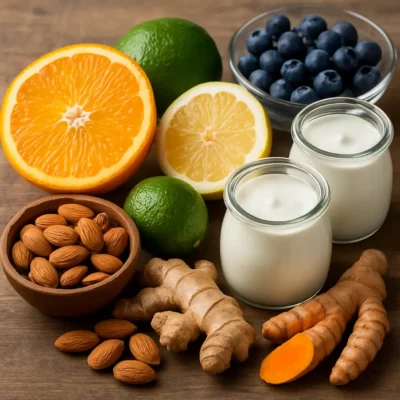 Mesa cheia de superalimentos ricos em nutrientes essenciais. Alimentos Funcionais