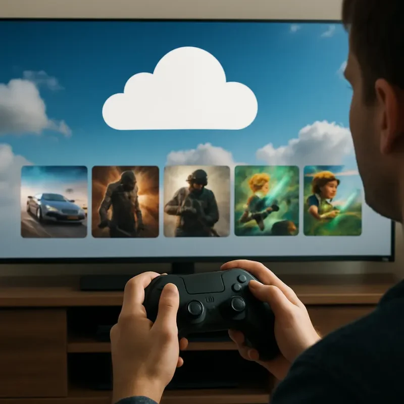 Jogador segurando controle com jogos na nuvem em exibição.