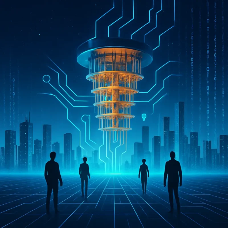 Paisagem futurista com elementos digitais e silhuetas humanas.