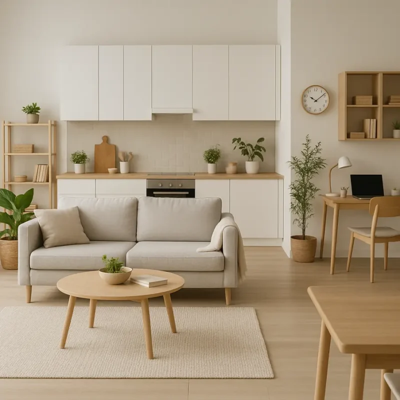 Imagem de uma casa moderna bem organizada com vários ambientes em harmonia. Organização Casa Dicas. Organização para Casa com IA