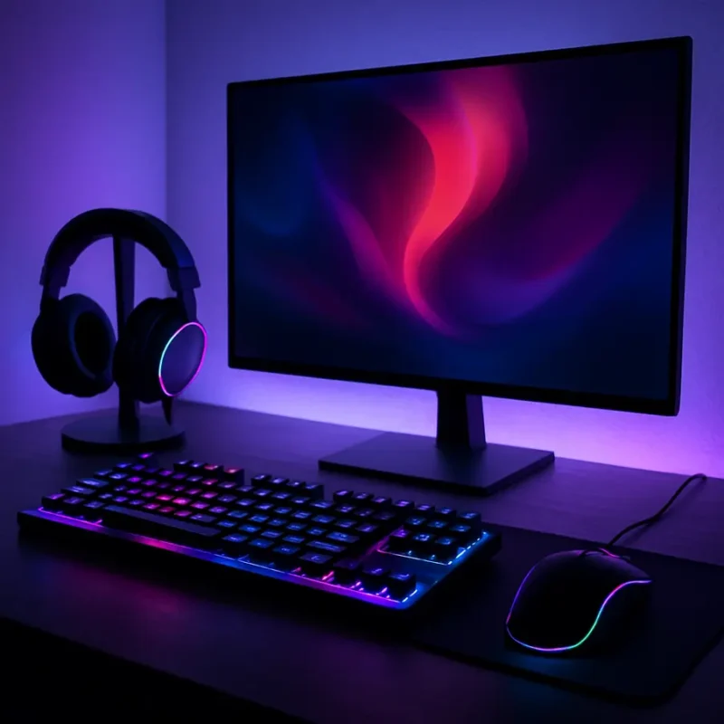 Conjunto de periféricos gaming com design moderno e iluminação LED.
