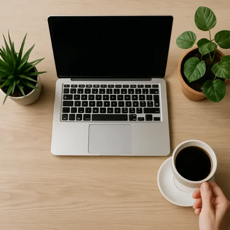 Vista aérea de um espaço de trabalho com laptop, plantas e café simbolizando produtividade. Renda Extra Online